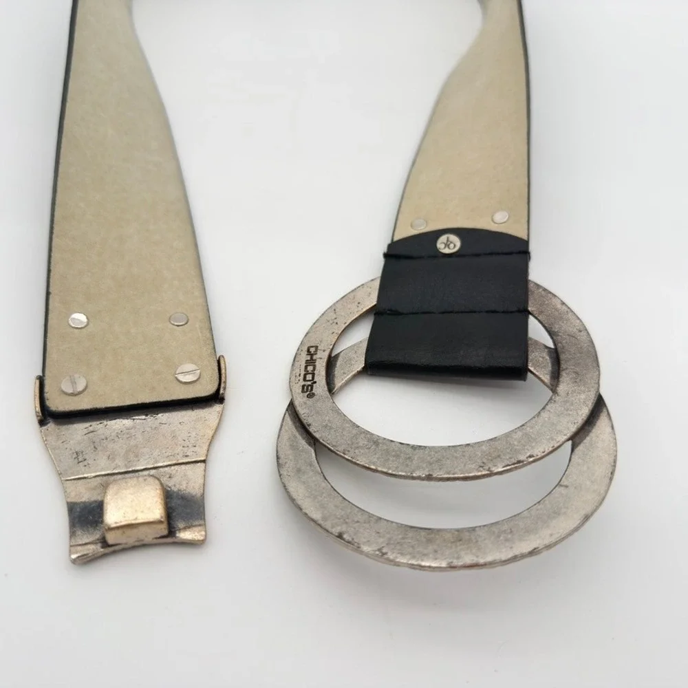 Chico's Black Wide Adjustable Belt Silver Double Ring Statement Buckle ML
